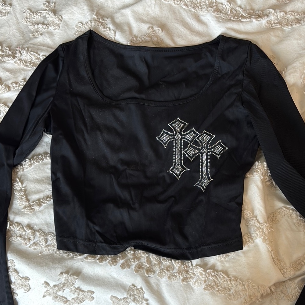 Black Long Sleeve Croptop with Bling Cross